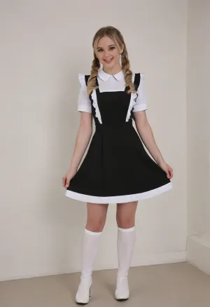 beautiful blonde 18 years old with ponytails woman, white bows, black dress, white apron, soviet school uniform, white high boots, high heels, blonde, small breasts, laughing, suxl, M3L0DYM4RK5, MELODY-MARKS, Sch0llg1rl, American, European, Scandic, Canadian, uniform, <lora:suxl:.8>, <lora:M3L0DYM4RK5 [vvugot1905cc735fbp19f1]:1.8>, <lora:melody-marks-xl:2>, <lora:Schoolgirl:.8>, style, of, ivanov, vano, soviet, cartoon, <lora:ivanov_vano_style_sdxl:.8>