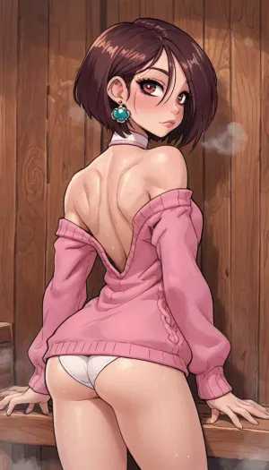 (innv meets jack cayless style), (reiq style, masterpiece, cel-shaded, limited color palette), ((Beautiful Muscles Sexy Ayase from the Dandadan anime body:1.6)), (1girl, solo, alone, 21 year old woman), (crimson eyes), (Brown hair cut flat shoulder length that mostly frames the right side of face), (gorgeous, seductive face, perfect ads, perfect breast, light muscles body, perfect hands, perfect legs, perfect ass, sweaty body), (long pink sweater dress), (panties), (vary long big round green earrings), (chocker), (sauna, steam, wood, e), ultraviolet light, LoL, Style, ultravio let light, cute, doodle, <lora:LCMTurboMix_Euler_A_fix:2>, <lora:mk_Bp Anime_xl:2>, <lora:cartoon_stickers_xl_v1:2>, <lora:cutedoodle_XL-000012:2>, <lora:eGirls_XL_v1:2>
