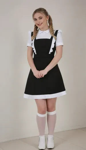 beautiful blonde 18 years old with ponytails woman, white bows, black dress, white apron, soviet school uniform, white high boots, high heels, blonde, small breasts, laughing, suxl, M3L0DYM4RK5, MELODY-MARKS, Sch0llg1rl, American, European, Scandic, Canadian, uniform, <lora:suxl:.8>, <lora:M3L0DYM4RK5 [vvugot1905cc735fbp19f1]:1.8>, <lora:melody-marks-xl:2>, <lora:Schoolgirl:.8>, style, of, ivanov, vano, soviet, cartoon, <lora:ivanov_vano_style_sdxl:.8>