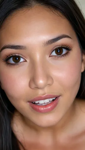 21 YEAR OLD TIBETAN BIMBO SLUT, IN FRONT OF VIEWER, VERY EXTREMELY EXTREMELY CLOSE UP, FACE & BREASTS DIRECTLY IN VIEWERS FACE, FACE TO FACE, DIRECTLY IN FRONT OF VIEWER, LARGE BIG BOOBS, VERY CLOSE UP, BENDING FORWARD, BRIGHT FACE, VERY TANNED SKIN, GOOD LIGHTING, LONG NATURAL BLACK HAIR, BIG BROWN EYES, BIG BIMBO LIPS, SMILING, SLUT, PERFECT FACE