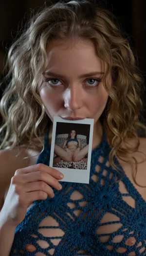 A close-up, high-quality of a young woman with curly blonde hair, looking directly into the camera with an intense and slightly melancholic expression. Her light-colored eyes are fixed on the viewer. She is holding a small, square nude autoportrait instant polaroid photograph, (shows her lying on a patterned bedspread, hands positioned on her pubic area), between her lips. The lighting is moody and dramatic, with a focus on her face, creating a soft glow around her features while the background fades into deep shadow. She wears a burnt blue crocheted halter mesh top, (mesh top:1.9), (top grid:1.9), (transparent top:3), (open-knit texture:1.9), (((crocheted see through top:1.9))), (Her breasts in a top:1.5), (woman wears inesh top:2), (her the tits is covered by a wear:2), (breasts half covered:1.9), (tits covered:2), The style is reminiscent of stylized digital character art, capturing a cinematic and intimate moment with realistic textures on skin and hair, amateur aesthetic, high detail, sharp focus, atmospheric lighting.