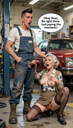 a illustrated cartoon drawing characters in a domestic taboo sex scene, set in the 1980s auto repair shop. A shocked young 18yo mechanic with a orgasm face stands in the repair garage wearing dirty jumpsuit with name tag, both of his dirty hands holding the old lady's head, army boots, and a mohawk haircut that is spiked up. he has his jumpsuit open with his massive very vainy penis sticking out. A very old 1980s suburban mature 75yo housewife is on the ground with one knee and with her legs spread and with her mouth open. her hair is in a neat, well-groomed, and slightly bouffant or soft-curled style typical of the early-to-mid 1980s. Very Fancy, frail, skinny and beautiful, happy. Wedding ring. Fashion, wardrobe of middle-class attire, including patterned blouses, ((pleated skirt pulled up with no panties to show her pussy, vagina exposed, pussy lips, vagina, pussy peaking out of bottom of skirt)), and casual cardigans, emphasizing a practical yet tidy look. tights, mary Jane shoes., ((Old saggy breasts exposed from the unbuttoned blouse. Nice nipples, breasts out of her shirt. bare tits)), full scene, full body. A old bald man in eyeglasses is in the far background of the garage, the very old lady has a text bubble that says "Okay Dear, Be right there. Just paying the mechanic."
