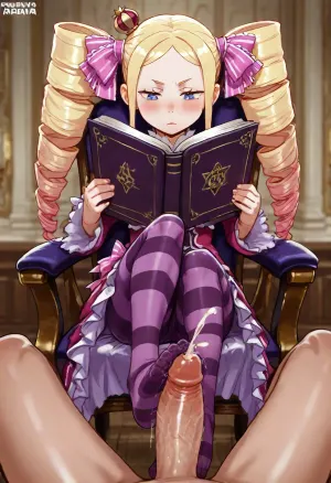 (Andava:1.6), (Beatrice from re-zero, (petite)), chair, pov, footjob, cum, distracted, reading book