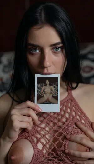 high-quality of a young woman with straight long black hair, looking directly into the camera with an intense and slightly melancholic expression. Her light-colored eyes are fixed on the viewer. She is holding a small, square nude busty autoportrait instant polaroid photograph, (shows her lying on a patterned bedspread, hands positioned on her pubic area), between her lips. The lighting is moody and dramatic, with a focus on her face, creating a soft glow around her features while the background fades into deep shadow. She wears a burnt rose crocheted halter mesh top, (mesh top:1.9), (top grid:1.9), (transparent top:3), (open-knit texture:1.9), (((crocheted see through top:1.9))), (Her breasts in a top:1.5), (woman wears inesh top:2), (her the tits is covered by a wear:2), (breasts half covered:1.9), (tits covered:2), The style is reminiscent of stylized digital character art, capturing a cinematic and intimate moment with realistic textures on skin and hair, amateur aesthetic, high detail, sharp focus, atmospheric lighting.