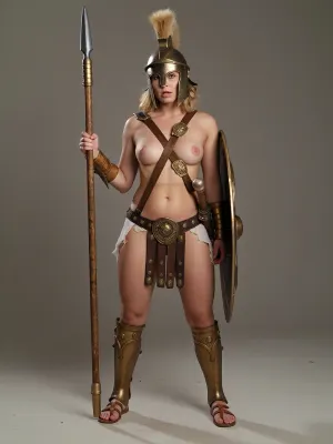 the woman is a hoplite warrior, short blonde hair, messy wavy hair, small natural breasts, sagging breasts, torn bronze, realistic pussy, very chubby figure, one breast is exposed by cross-chest bronze breastplate, (messy detailed hair), 1girl, bronze helmet, ancient spartan, ancient warrior, (bronze armor), ancient greek helmet, bronze spear, ((bronze-plate thigh-high sandal-straps)), wearing linothorax bronze greaves, thigh-high sandals, spear, hoplite, female, weapon, shield, helmet, shoulder, armor, loincloth