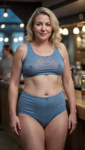 braless, a portrait of a 45 y.o mature russian woman, wearing a textured crop top, standing in a bar in the city night, (Thigh gap:1.3), natural skin, fine skin details, bokeh, 50mm, motion blur, The perspective should be from a slight angle, capturing her full figure as well as the expansive, (obese:1.1), ((Full cellulite beautiful thighs)), . xbmyr, <lora:bralessSDXL_v1_00022:.8>, <lora:Saggy_Hellhound_Lady-000006:.8>, (style), blonde, wrinkles, jewelry, long, hair, short, smiling, 1girl, blue, eyes, <lora:Older_woman-000008:.8>