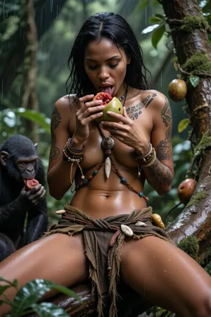 ultra photorealistic cinematic rainforest photograph, adult African woman, 28 years old, slender naturally athletic build, narrow waist, defined shoulders, dark sun bronzed skin, sitting securely on a massive high branch of an ancient wild fig tree deep inside a humid equatorial rainforest, natural balanced seated posture with her pelvis firmly supported by the broad branch, torso upright and slightly inclined forward in a relaxed eating position, shoulders naturally above the hips, both legs hanging freely below the branch, both hands occupied with a ripe fig directly in front of her abdomen, carefully opening and separating the soft fruit with her fingertips before eating it, moist red flesh and tiny seeds clearly visible, her full attention directed toward the fruit in her hands, eyes lowered naturally, completely absorbed in this quiet everyday action, calm dark brown eyes, highly detailed irises, natural catchlights, individual eyelashes, textured eyelids, sculpted cheekbones, full natural lips, subtle expression lines, visible pores, peach fuzz, tiny scars, faint pigment variation and humid skin sheen, long dark hair with individual strands, loose slightly tangled texture, numerous intricate hand tapped geometric tattoos across temples, jawline, neck, shoulders, collarbones and arms, slightly faded and embedded naturally within the skin, handcrafted clothing made from weathered leather, woven plant fibers and hand tied natural fabrics, detailed stitching, frayed edges, creases, pores and humid darkening, irregular handmade ornaments made from bone, shell, seeds, leather cords and carved natural fragments, asymmetrical, worn and visibly handcrafted, extraordinary tactile material realism, beside her a calm chimpanzee sits naturally on the same branch eating its own fig, several other chimpanzees climbing and feeding throughout the surrounding canopy, ripe figs growing directly from trunk and branches, enormous twisting limbs covered in moss, lichen and vines, blurred foreground leaves, razor sharp woman and nearest chimpanzee, progressively darker forest layers fading into deep emerald and near black shadow, warm filtered canopy light, narrow volumetric shafts, deliberately underexposed by two stops, anchored deep blacks, rich emerald olive and bronze tones, strong local micro contrast, restrained highlight rolloff, cinematic dynamic range, 35mm full frame environmental photography, realistic optical falloff, fine analog grain, extreme micro detail, tactile realism, candid unobserved intimacy, peaceful coexistence within the living forest, photorealistic documentary quality
