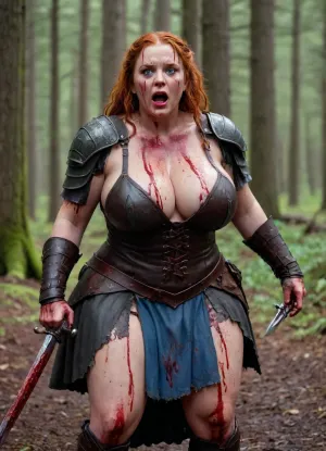 1 female BBW medieval warrior, very large woman with large breasts, blue eyes, long curly ginger hair, she is screaming victoriously, while holding a bloodied celtic broadsword above her head, wearing full leather armor, bloodiest body, whole body covered by bloody scars, blood drips from the blade of the sword, she is breathing heavily, full body view, frontal view, in a forrest, a look of defiance in her eyes, grime and dirt covering her legs and arms, (her chest and neck are splattered with blood), (insane quantity of blood), a jagged scar runs across her stomach, battle, slaughter, grimy, dark, raining, puddles filled with water on the ground, blood streaming in the water puddles, plump, skindentation, chubby, bbw, venus, body, big, breasts, ass, bloodyface, blood, <lora:Chubby BBW - XL:1.2>, <lora:milkers_v2:1.4>, <lora:lora-bloodyface-lite:1.7>