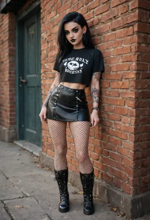 Cute goth girl. Full body image. Black t shirt. Short black skirt. Black boots. Fishnet stockings. A lot of tattoos.