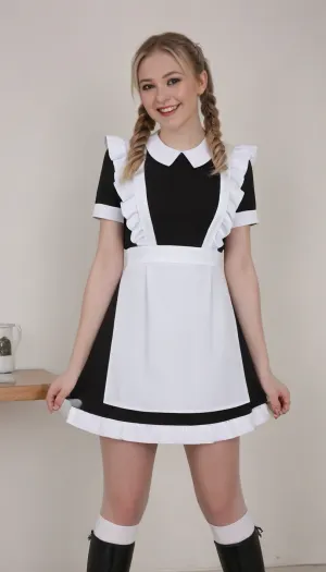 beautiful blonde 18 years old with ponytails woman, white bows, black dress, white apron, soviet school uniform, white high boots, high heels, blonde, small breasts, laughing, suxl, M3L0DYM4RK5, MELODY-MARKS, Sch0llg1rl, American, European, Scandic, Canadian, uniform, <lora:suxl:.8>, <lora:M3L0DYM4RK5 [vvugot1905cc735fbp19f1]:1.8>, <lora:melody-marks-xl:2>, <lora:Schoolgirl:.8>, style, of, ivanov, vano, soviet, cartoon, <lora:ivanov_vano_style_sdxl:.8>