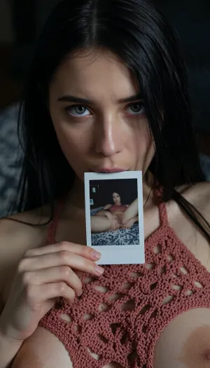 A close-up, high-quality of a young woman with straight long black hair, looking directly into the camera with an intense and slightly melancholic expression. Her light-colored eyes are fixed on the viewer. She is holding a small, square nude autoportrait instant polaroid photograph, (shows her lying on a patterned bedspread, hands positioned on her pubic area), between her lips. The lighting is moody and dramatic, with a focus on her face, creating a soft glow around her features while the background fades into deep shadow. She wears a burnt rose crocheted halter mesh top, (mesh top:1.9), (top grid:1.9), (transparent top:3), (open-knit texture:1.9), (((crocheted see through top:1.9))), (Her breasts in a top:1.5), (woman wears inesh top:2), (her the tits is covered by a wear:2), (breasts half covered:1.9), (tits covered:2), The style is reminiscent of stylized digital character art, capturing a cinematic and intimate moment with realistic textures on skin and hair, amateur aesthetic, high detail, sharp focus, atmospheric lighting.