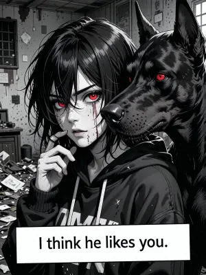 horror visual novel character portrait, monochrome black and white manga art, messy long black hair, glowing red eye, pale white skin with ink-style shading, dark hooded sweater, young woman looking at viewer with one hand near her face, close to her big black doberman head, gritty crosshatch ink linework, high contrast, cluttered abandoned room background with debris and trash piles, cinematic horizontal dialogue box framing, I think he likes you. unsettling atmosphere, digital manga illustration