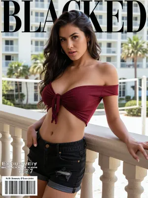 score_9, score_8_up, score_7_up, photorealistic, raw photo, magazine cover, balcony railing, beach, palms, white hotel towers, volleyball net, large black letters spelling BLACKED across the top, small text Exclusively on BLACKED.COM at the lower left, a 25 year old woman leaning on the rail, long wavy dark auburn hair, medium breasts, normal ass, burgundy off-shoulder tie top knotted under the chest, open midriff, dark denim shorts, one hand in a pocket, hoop earring, lips slightly parted, direct gaze, no tan lines, bright daylight, shallow depth of field