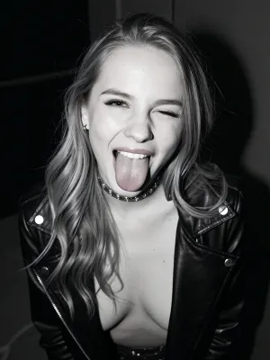 raw photo, A high-contrast black-and-white portrait captures a young woman in her twenties framed in a medium close-up shot from an eye-level perspective. She faces directly toward the camera with an animated, playful expression, winking one eye while sticking her tongue straight out. Her long, blonde hair is styled with soft waves and parted slightly off-center, flowing down over her shoulders. She has a slender build with a moderate chest visible beneath her attire. She wears an open black leather jacket over a low-cut dark top. A thick, metallic choker necklace sits at the base of her neck, accompanied by small hoop earrings visible near her jawline. The direct frontal flash creates sharp highlights on her face, collarbone, and the sheen of her leather jacket, casting deep shadows in the background. The background remains dark and largely uncluttered, drawing full focus to the subject. The monochromatic tonal range emphasizes bright highlights against rich, dark tones, giving the image a grainy, classic analog aesthetic reminiscent of candid flash photography.