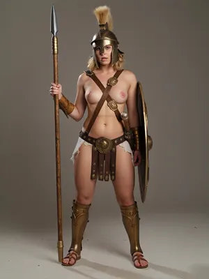 the woman is a hoplite warrior, short blonde hair, messy wavy hair, small natural breasts, sagging breasts, torn bronze, realistic pussy, very chubby figure, one breast is exposed by cross-chest bronze breastplate, (messy detailed hair), 1girl, bronze helmet, ancient spartan, ancient warrior, (bronze armor), ancient greek helmet, bronze spear, ((bronze-plate thigh-high sandal-straps)), wearing linothorax bronze greaves, thigh-high sandals, spear, hoplite, female, weapon, shield, helmet, shoulder, armor, loincloth