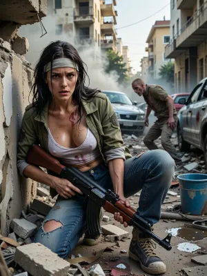 Professional photography, striking photorealism, ultra-detailed cinematic realism, full-length portrait of a beautiful adult woman, twenty-seven years old, surviving as an ordinary civilian during a zombie apocalypse, clearly not military, not a soldier, bravely a private woman forced into survival, long dark hair tangled and greasy, damp strands stuck to her sweaty face and neck, dust and grime on natural skin with visible pores, peach fuzz, tiny scratches and subtle redness, tired alert eyes, approachable features contrasting with exhaustion and aggression, captured in a dynamic low crouch behind a collapsed concrete wall, torso twisted, cautiously peeking around rubble, body tense and ready to move, an AK style rifle held firmly in both hands as a desperate survival weapon, wearing faded fitted blue jeans, worn sneakers, sweat-soaked low-cut white tank top with a deep neckline and natural cleavage, lightweight civilian jacket hanging open, simple fabric headband, her femininity and natural sensuality sharply contrasted with sweat, fear, and dirt, several highly detailed zombies moving through the ruined street only meters beyond her cover, clearly visible between wrecked cars and concrete debris former ordinary civilians in torn everyday clothing, pale mottled skin, sunken eyes, cracked lips, tangled dirty hair, dried wounds, bruising, abrasions, torn fabric rendered with extreme anatomical realism, each zombie distinct, one shambling across the foreground, another turning its head as if reacting to a distant sound, more emerging from a shadowed apartment block entrance, making it immediately clear who she is hiding from, skeletal high-rises with empty windows exposed rebar abandoned vehicles, broken pipes, dead electrical cables, buckets catching rainwater, drifting smoke and suspended concrete dust in golden hour backlight two stops underexposed, deep blacks, strong local contrast, 35mm lens, subtle analog grain, raw tactile skin, cinematic survival tension.