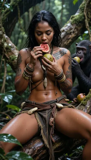 ultra photorealistic cinematic rainforest photograph, adult African woman, 28 years old, slender naturally athletic build, narrow waist, defined shoulders, dark sun bronzed skin, sitting securely on a massive high branch of an ancient wild fig tree deep inside a humid equatorial rainforest, natural balanced seated posture with her pelvis firmly supported by the broad branch, torso upright and slightly inclined forward in a relaxed eating position, shoulders naturally above the hips, both legs hanging freely below the branch, both hands occupied with a ripe fig directly in front of her abdomen, carefully opening and separating the soft fruit with her fingertips before eating it, moist red flesh and tiny seeds clearly visible, her full attention directed toward the fruit in her hands, eyes lowered naturally, completely absorbed in this quiet everyday action, calm dark brown eyes, highly detailed irises, natural catchlights, individual eyelashes, textured eyelids, sculpted cheekbones, full natural lips, subtle expression lines, visible pores, peach fuzz, tiny scars, faint pigment variation and humid skin sheen, long dark hair with individual strands, loose slightly tangled texture, numerous intricate hand tapped geometric tattoos across temples, jawline, neck, shoulders, collarbones and arms, slightly faded and embedded naturally within the skin, handcrafted clothing made from weathered leather, woven plant fibers and hand tied natural fabrics, detailed stitching, frayed edges, creases, pores and humid darkening, irregular handmade ornaments made from bone, shell, seeds, leather cords and carved natural fragments, asymmetrical, worn and visibly handcrafted, extraordinary tactile material realism, beside her a calm chimpanzee sits naturally on the same branch eating its own fig, several other chimpanzees climbing and feeding throughout the surrounding canopy, ripe figs growing directly from trunk and branches, enormous twisting limbs covered in moss, lichen and vines, blurred foreground leaves, razor sharp woman and nearest chimpanzee, progressively darker forest layers fading into deep emerald and near black shadow, warm filtered canopy light, narrow volumetric shafts, deliberately underexposed by two stops, anchored deep blacks, rich emerald olive and bronze tones, strong local micro contrast, restrained highlight rolloff, cinematic dynamic range, 35mm full frame environmental photography, realistic optical falloff, fine analog grain, extreme micro detail, tactile realism, candid unobserved intimacy, peaceful coexistence within the living forest, photorealistic documentary quality