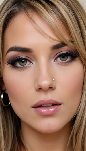 Ultra-photorealistic close-up portrait of a young adult woman, fair warm-toned skin, slender oval face with a softly tapered jawline, high smooth forehead, straight narrow nose with a delicate rounded tip, small silver nostril piercing. Large almond-shaped hazel-green eyes, clearly defined irises with natural reflections, slightly upturned outer corners, dramatic long black eyelashes, precise black winged eyeliner, softly blended pink-beige eyeshadow. Medium-thick dark brown eyebrows with a clean defined arch. Full natural pink lips, slightly parted, visible upper teeth, subtle glossy finish. Light blonde hair with warm strawberry-blonde tones, long straight layered hair, wispy curtain bangs falling across the forehead. Large black ear gauges. Natural realistic skin texture, visible pores and fine facial details, subtle peach fuzz, realistic subsurface scattering, anatomically accurate facial proportions, symmetrical eyes, sharp eyelashes and individual hair strands. Soft frontal daylight, gentle highlights on nose and cheeks, shallow depth of field, 85mm portrait lens, f/1.8, cinematic photorealism, extremely detailed, natural color grading, lifelike skin, 8K photographic quality.