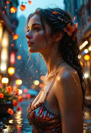 (Dark Fantasy Artwork), artistic, low angle, side view, 40 yo, belle caucasian female, At dusk, the city opens like a lacquered flower, and the nymphs step out the scent of rain on chrome, they drift through glass canyons where elevator bells trade secrets, buy laughter with moonlit coins, and tip the night with bright longing their hair evokes rivers, their heels speak thunder, and their smiles rewrite billboards into small promises of yes, they chase happiness across rooftops and mirrored lobbies never to possess it, only to feel the spark ignite, love are pauses, not endings, wishes are contracts signed in neon, at daybreak, they still glow even after the power fails proof that the city does not create them, they create the city, polishing it with longing until it reflects everyone brave enough to want more, natural beauty, /KlTTY-ART/, <lora:COMFYUI_mimic_landscape_-_XL_SDXL v2.0:.1>, <lora:MJ52:.1>