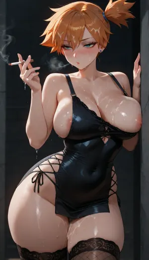((Black hour)), (Misty from Pokemon), small sagging breasts, one breast exposed, very sexy face, thin waist and thick low body, (black silk stockings), blushing cheeks, girl low stature, massive thighs, thick thighs, wide hips, thin waist, down the super dark alleyway at midnight, near the wall, (no light source nearby), (highlight glow on body), cotton long patent mini dress features clear shoulder straps and dramatic lace-up side cutout detailing, (((no knickers))), she is standing, leaning against the wall, 1girl, semi side view, ((after sex)), (self pleasuring), (smoking a cigarette in girl's hand, girl is holding cigarette in hand, sucking on the cigarette, blowing cigarette smoke), beautiful, masterpiece, high quality, high resolution, (cum dripping, excessive cum, slimy), (cum on fingers, cum on stomach, cum on chest, cum on face, cum on hair)