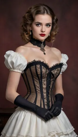 A vintage-style full-body portrait of a woman dressed in an elaborate Victorian-era inspired costume, exuding elegance and charm with a touch of theatrical flair. The outfit features a structured white corset with black beaded detailing along the neckline, creating a sophisticated and glamorous contrast. The corset accentuates her figure, while the black lace gloves add a delicate yet bold element to her look.

The skirt is a layered design with black and white striped fabric and black tulle overlays, featuring intricate polka-dot patterns and ruffled accents that add volume and movement. The combination of textures creates a rich, visually dynamic ensemble. A black choker with a small pendant adorns her neck, perfectly complementing the gothic aesthetic of the outfit.

Her hair is styled in voluminous, curly waves, framing her face with a timeless and dramatic effect. The hairstyle includes a black feather accessory that enhances the theatrical, period-piece look. Her makeup is classic, with a focus on bold red lips and subtly defined eyes, adding to the overall vintage charm.

The background is a muted, warm-toned brown with a painterly texture, resembling a traditional studio backdrop from the late 19th century. The lighting is soft and diffused, creating a warm glow that highlights her features and the intricate details of her outfit, while casting gentle shadows that add depth to the image.

The composition is centered, with the subject standing in a poised and confident manner, one hand resting on her hip and the other delicately holding a part of her skirt. The overall mood is timeless and elegant, evoking a sense of historical drama and classic beauty.