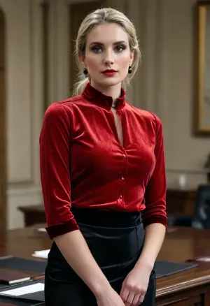 (masterpiece, best quality, not oversubscribed:1.2), 1.2, 1 french 30yo woman, lawyer, (she wears a fire red colored plain velvet quarter sleeves shirt, long black silk skirt:1.4), accompanies a client in court, short slicked-back white-blonde hair, (modern styled with jewelry, earrings, bangles, necklaces:1.2), bright blue eyes, photorealism, <lora:style_lora_realis:.5>, <lora:slicked-back_hair-000006:.5>