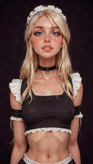 (reiq meets innv and Jack cayless art style), (Incase style:1.2), beautiful girl, blonde hair, very long hair, friendly slight smile showing her teeth, (face closeup), (((solo))), (black choker), (narrow waist), (sexy abs), (ruined makeup:.6), bangs over eye, symmetrical blue eyes, snub nose, plumb lips, parted lips, teeth visible, half-closed eyes, small breasts, (erect nipples), 1girl, ((face focus)), beads of sweat, sweat body, beautiful curves of the body, realistic detailed, deep insertion, intim light, (maid outfit), (black crop top:1.4), (simple dark background:1.8), skin texture, futuristic-fantasy-anime, incase, style, (ciri), (cirilla), <lora:sd_xl_turbo_lora_v1-64dim:2>, <lora:futureistic_fantasy_anime_sdxl_v1:2>, <lora:Incase_Style__SDXL:2>, <lora:SDXL_BetterFaces-LoRA_v1:.8>, <lora:Witcher3TurnXL_v1:.8>
