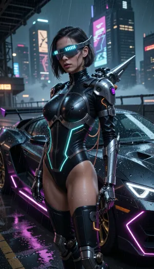 A masterclass cinematic cyberpunk illustration. The central subject is a strikingly beautiful 22-year-old cyberpunk woman with sharply defined features and an asymmetrical dark bob glistening with rainwater. She wears an iconic metallic cybernetic visor band wrapped across her eyes—a sleek, rimless single-piece electronic band emitting a glowing horizontal cyan light array across her face.

She stands in a confident pose next to a sleek, low-slung futuristic cyberpunk sports car parked on a rain-slicked, neon-bathed elevated street overlooking a vast nocturnal megacity. Her outfit features a high-end, richly detailed tactical bodysuit crafted from matte black leather, reinforced carbon-fiber plating, illuminated glowing trim lines along her waist, and high-tech armored thigh-high boots.

Her cybernetic augmentations include refined chrome conduits, visible fiber-optic cables, integrated micro-hydraulic joints, and advanced mechanical cybernetic arms featuring polished titanium plating, copper wiring, and glowing micro-sensors. Mounted on her upper back is a compact high-tech jetpack unit with sleek titanium stabilizer fins.

The futuristic car beside her features razor-sharp aerodynamic lines, a dark matte obsidian body, glowing neon underglow strips in deep magenta, exposed glowing engine components, and rain-streaked metallic surfaces reflecting the surroundings. The setting is a rain-soaked cyberpunk metropolis at night, with colossal skyscrapers, floating holographic advertisements, and dense fog stretching to the horizon. The scene is bathed in dramatic, high-contrast volumetric lighting blending deep magenta, teal, and electric cyan. Cinematic depth of field, razor-sharp focus on the character and vehicle, soft-bokeh background, Unreal Engine 5 render aesthetic, global illumination, 8k resolution.