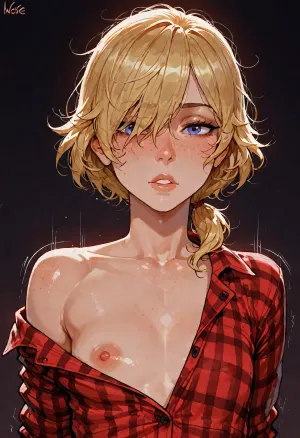 (reiq meets innv and Jack cayless art style), (Incase style:1.2), upper body, blonde hair, short hair, messy hair, low ponytail, bangs over eye, symmetrical eyes, snub nose, plumb lips, parted lips, teeth visible, dusty blue eyes, flat chest, erect puffy nipples, 1girl, solo, (motion lines), freckles everywhere, realistic detailed, deep insertion, rim light, flannel shirt, ((dressed)), one bare shoulder, (dark background, simple background:1.8), skin texture, futuristic-fantasy-anime, incase, style, <lora:sd_xl_turbo_lora_v1-64dim:2>, <lora:futureistic_fantasy_anime_sdxl_v1:2>, <lora:Incase_Style__SDXL:2>
