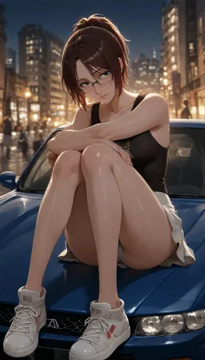 ((Insanely hot)), ((top quality、masterpiece、high sensitivity、high resolution、detailed depiction、depiction of a delicate face、thin face、 cute eyes, defined nose)), ((Hange Zoe from "Attack on titan")), is advanced digital art, glasses, ((tanktop)), miniskirt、sneakers, night street background, ((slim body)), confident, ((extremely confident look in her eyes)), ((poor lighting)), (((sitting on the hood of a mazda miata))), (feminine stance), score_9, score_8_up, score_7_up, score_6_up, (j_cartoon:1.4), Drawing, <lora:hinaTuningFaceDetailer_SDXL-v2-rank256-pruned:.8>