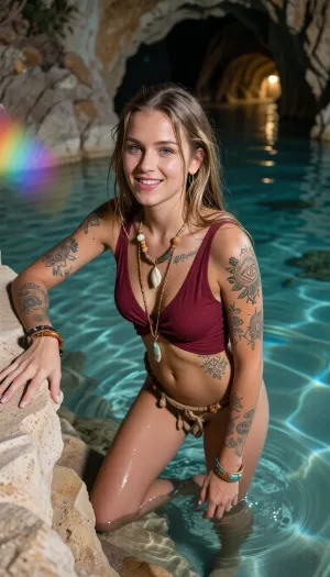 This realistic high-angle, medium-shot photograph features a candid, analog quality with slight flash illumination and fine film grain, reminiscent of 1990s party photography. The central subject is a silhouette of a young adult woman in her early twenties, vignetting, colorful lens flares, soft focus with motion blur, and analog filter effects, subtle light leaks on the left edge, subtle ethereal light leaks on the left edge, and fine vertical scratches, creating a nostalgic and atmospheric aesthetic with a shallow depth of field that softly blurs the distant background. A professional fine-art silver gelatin print with a muted, sophisticated color grade. The scene is in soft chiaroscuro lighting, creating deep shadows and luminous highlights., (real analog picture), A hyperrealistic photograph taken with a Nikon camera. This is a real digital photo, medium shot.

perfectly composed according to the golden ratio, eh a naturally beautiful 20-year-old busty woman with a slim athletic feminine physique, lightly sun-bronzed skin with a subtle natural oil sheen, damp shoulder-length blonde dreadlocks with soft wisps framing her face, numerous botanical, geometric and ornamental tattoos across her arms, shoulders, collarbones, upper chest and partially back, wearing a simple handmade dark red sheer wrap-style top made from natural cotton fabric, soaked from the seawater and naturally conforming to her wet body, layered handcrafted jewelry from shells, carved bone, driftwood, leather cords, wooden beads and natural stone, joyful expression with bright direct eye contact looking up toward the viewer, captured from a high angle as she joyfully climbs out of the crystal clear turquoise water onto a warm sandstone ledge, both hands gripping the rock, one knee on the stone while both lower legs remain submerged and visible through the clear water, realistic refraction and gentle ripples, layered sandstone walls framing the scene, cave opening glowing softly in the distance, authentic free-spirited coastal hippie aesthetic, expensive resort-fashion campaign, photorealistic, All details rendered with photographic realism.
The atmosphere is cozy. Low light with low exposure. Smartphone aesthetic, high resolution, mild noise, candid, raw. Extreme photorealism, subsurface scattering and natural skin indentations. Fine film grain, controlled soft indalation, rich analog color separation, low camera angle, intimate and highly detailed atmosphere.. Center focus, High contrast, grainy film texture 8K, HDR, realistic, Photo Style & Lighting, A cinematic 35mm night photograph, fine film grain, deep shadows, soft volumetric light cutting through the darkness, subtle highlight bloom on skin and fluids. Photorealistic, hyper-detailed skin texture with realistic pores, subsurface scattering