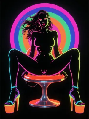 bold hyper sexualized retro neon erotic art illustration, vertical poster composition, adult woman 30 years old, highly stylized exaggerated feminine silhouette seated frontally at the exact center of the image, long slender legs opened very wide in an unapologetically provocative symmetrical pose, knees pushed outward, feet planted far apart toward the lower corners, towering platform stilettos with razor thin ankle straps, pelvis tilted forward, hips strongly emphasized, narrow waist, full chest, long torso, arms extended downward with both hands gripping the outer edges of the chair between her thighs, shoulders pulled back, head tipped slightly upward, long wild hair cascading behind her like a dark graphic flame, confident shameless body language, deliberately crude and confrontational pin up energy, the figure rendered almost entirely as a deep black silhouette with sharp neon highlights tracing the outer contours of thighs hips waist breasts arms jawline and hair, electric hot pink along one side, radioactive lime green and acid yellow along the other, flashes of cyan and ultraviolet violet across the legs and torso, seated on a futuristic rounded pedestal chair glowing in saturated fluorescent orange and red, directly behind her enormous overlapping concentric circles form a psychedelic halo in neon magenta, toxic green, blazing orange, electric blue and ultraviolet purple, circles partially eclipsing one another and visually radiating outward from her pelvis and torso, pure pitch black background swallowing everything beyond the central design, brutal graphic contrast, extreme saturation, screen printed 1970s erotic poster aesthetic pushed through an aggressive 1980s neon nightclub sensibility, flat color blocking, hard razor sharp edges, minimal internal detail, no realistic environment, no typography, no text, no decorative border, unapologetically poster like, loud, vulgar, seductive, rebellious, decadent, visually explosive, strong bilateral symmetry, iconic central silhouette, huge negative black areas surrounding intense fluorescent shapes, subtle misregistered print edges and rough vintage ink texture, slight paper grain, simplified anatomy intentionally exaggerated for maximum visual impact, the entire composition designed to feel like a forbidden underground nightclub poster, provocative, raw, sexually charged, graphic, instantly readable from across a room, the woman’s wide seated stance, neon silhouette and concentric halo becoming the dominant visual symbol