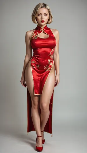 Short blonde, Full body, photorealistic young woman, beautiful refined face, short blond bob haircut, large sharp almond-shaped brown eyes, smooth flawless dewy skin, full red lips with red lipstick, hourglass figure, (very large:1.5), wide, large round, wearing a tight-fitting red cheongsam qipao with deep high side slits revealing thighs, intricate embroidery details on dress, elegant pose, standing confidently, detailed fabric texture, realistic skin pores and subtle makeup, soft natural lighting, high detail, 8k, masterpiece