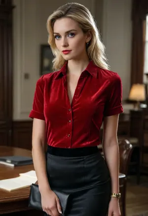 (masterpiece, best quality, not oversubscribed:1.2), 1.2, 1 french 30yo woman, lawyer, (she wears a fire red colored plain velvet short sleeves shirt, long black silk skirt:1.4), accompanies a client in court, short slicked-back white-blonde hair, (modern styled with jewelry, earrings, bangles, necklaces:1.2), bright blue eyes, photorealism, <lora:style_lora_realis:.5>, <lora:slicked-back_hair-000006:.5>