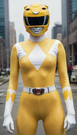 Yellow Power Ranger, girl with Power Rangers torn suit, helmet, yellow ranger by Power Rangers TVshow, with bimbo huge breasts, cameltoe pussy, details trinked, in surreal scene city, <lora:Yellow_Power_Ranger:.8>