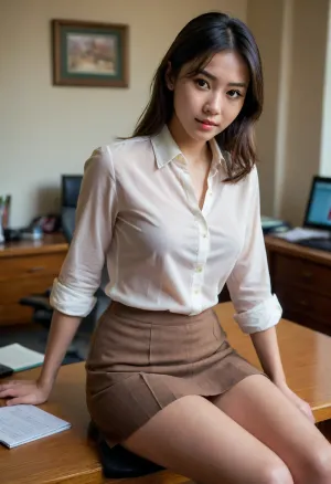 woman, masterpiece, highest quality, RAW image of a cute tall tall tall tall tall slim 20-year-old Asian teacher sitting on edge of office desk, Fujifilm XT3, analog style, professional DSLR photograph, [light freckles, goosebumps, wrinkles], 0.5, bobcut hair, (loose blouse:1.2), pleated skirt, no panties, upskirt, smooth pussy, shaved pussy, spread legs, wet pussy, happy embarrassed face, (warm ambient lighting:.5), (fantasy, dramatic, shadows, chiaroscuro, nostalgia:.3), <lora:uberRealisticPornMerge_urpmv12320LORA:.6>, <lora:epiNoiseoffset_v2Pynoise:.6>, <lora:skirtliftTheAstonishing_skirtliftv1:.3>
