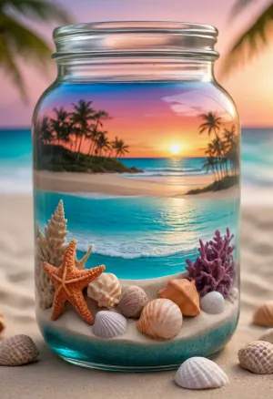 A cylindrical glass jar filled with a miniature tropical beach landscape, (glistening turquoise water:1.2), at the top rim with, (subtle water droplets:1.1), cascading down, the scene inside the jar depicts a serene sunset over the ocean, silhouettes of palm trees along a sandy beach, (vibrant warm sunset colors:1.3), transitioning to deep oranges and soft purples, the bottom of the jar is layered with, (intricate seashells and starfish:1.4), nestled in fine beach sand, hyper-realistic glass texture, sharp focus, (cinematic lighting:1.2), macro photography style, blurred palm tree leaves in the background, bokeh effect, 8k resolution, ethereal atmosphere, highly detailed textures, vibrant colors, magical coastal aesthetic