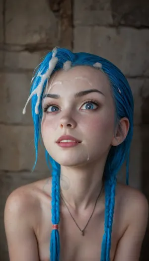 1girl, in a stone walled dungeon, (jinx from arcane), (young:1.9), cute, legal age of consent, long hair, very pale skin, smooth unblemished skin, breasts, small round breasts, tiny hard nipples, tiny areolas, blue hair, snub nose, freckles, closed mouth, bare shoulders, blue eyes, nipples, collarbone, upper body, hetero, solo focus, lips, (whip marks on tits), ((oiled skin:1.2)), viewer is choking her with bith hands, she can barely breathe, (sad), (depressed), abused, (scared), ((crying:1.5)), (((ruined makeup:1.3))), tears, angry, against wall, arms tied behind her back, deep skin, firm breasts, (cum on face:1.8), (cum in hair:2), (cum spilling out of her mouth), (extra long cum drips on chin), jinx, (league, of, legends), <lora:MIAOKA_JINX_1.0_SDXL:2>