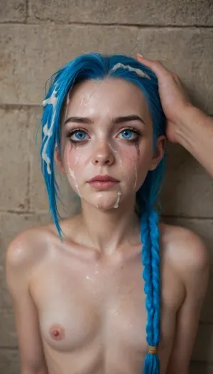 1girl, (jinx from arcane), (young:1.8), cute, legal age of consent, long hair, very pale skin, smooth unblemished skin, breasts, blush, small round breasts, tiny hard nipples, tiny areolas, blue hair, 1boy, snub nose, freckles, closed mouth, bare shoulders, blue eyes, nipples, collarbone, upper body, ponytail, hetero, solo focus, looking to the side, lips, pov, (whip marks on tits), ((oiled skin:1.2)), one hand grabbing her throat, (sad), (depressed), abused, ((crying:1.5)), (((ruined makeup:1.3))), tears, angry, out of frame, (squeezing neck hard), choking, pov hand, against wall, arms tied behind her back, deep skin, firm breasts, (cum on face:1.8), (cum in hair:2), (cum spilling out of her mouth), (extra long cum drips on chin), jinx, (league, of, legends), <lora:MIAOKA_JINX_1.0_SDXL:2>