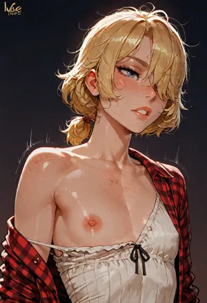 (reiq meets innv and Jack cayless art style), (Incase style:1.2), upper body, blonde hair, short hair, messy hair, low ponytail, bangs over eye, symmetrical eyes, snub nose, plumb lips, parted lips, teeth visible, dusty blue eyes, flat chest, erect puffy nipples, 1girl, solo, (motion lines), freckles everywhere, realistic detailed, deep insertion, rim light, flannel shirt, ((dressed)), one bare shoulder, (dark background, simple background:1.8), skin texture, futuristic-fantasy-anime, incase, style, <lora:sd_xl_turbo_lora_v1-64dim:2>, <lora:futureistic_fantasy_anime_sdxl_v1:2>, <lora:Incase_Style__SDXL:2>