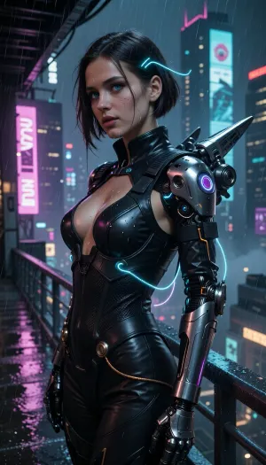 A masterful cinematic photograph, the pinnacle of photorealistic cyberpunk portraiture. The central subject is a strikingly beautiful 22-year-old cyberpunk woman with sharply defined features and luminous electric cyan eyes revealing intricate iris detail. She stands in a relaxed, confident pose on a rain-slicked, elevated steel walkway overlooking a vast, neon-bathed nocturnal megacity. She wears a high-end, richly detailed tactical suit crafted from matte black leather, ballistic nylon, and dark carbon-fiber armor plating, blending sleek "street-tech" elegance.

Her cybernetic augmentations are refined and hyper-detailed, delicate chrome conduits, visible fiber-optic cables emitting a soft glow, and integrated micro-hydraulic joints at the neck, collarbone, and right arm. Her left arm is an advanced polished-titanium prosthesis featuring complex mechanical segmentation, copper wiring, and glowing micro-sensors. Her hair is styled in a sharp, asymmetrical dark bob, accented by fine fiber-optic strands that glow softly in the dark and glisten with fresh rainwater. Her expression is serene, piercing, and intensely cinematic, the rendering captures flawless skin texture, including subtle micro-pores, fine downy hair, and realistic water droplets trickling down her cheeks.

A compact, high-tech jetpack unit is mounted on her upper back, featuring sleek titanium stabilizer fins that shimmer in the ambient neon light. The setting is a rain-soaked cyberpunk metropolis in the dead of night, featuring colossal skyscrapers, floating holographic advertisements, and a dense fog stretching to the horizon. A walkway descends toward a flooded, glowing esplanade below that reflects the brilliant neon lights. The scene is bathed in dramatic, high-contrast volumetric lighting—blending deep magenta, teal, and electric cyan—that cuts through the thick atmospheric haze and driving rain. Captured with a professional 85mm prime lens at f/1.4, cinematic depth of field, razor-sharp focus on the face, soft-bokeh background, hyper-realistic fabric textures, natural cloth folds, volumetric light rays, Unreal Engine 5 aesthetic, global illumination, path tracing, 8K resolution.