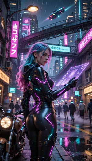 A young woman stands beneath a flickering holo‑banner, her hair dyed a gradient of electric blue fading into neon pink, each strand catching the ambient glow like liquid glass. She wears a form‑fitting exosuit of matte black carbon fiber panels overlaid with iridescent circuitry that pulses with a soft violet light, the material reflecting the rain‑slick streets in fractured shards. Her pose is half‑turned, left shoulder slightly raised, as she extends a gloved hand toward a floating transparent tablet that projects a cascade of holographic data, her eyes narrowed with focused determination. A thin mist of rain clings to the edge of her coat, droplets forming tiny prisms that scatter neon pink and cyan across the surface of the nearby puddle. In the foreground, a rust‑colored motorcycle with chrome accents rests against a cracked curb, its headlights casting thin amber streaks that intersect the wet asphalt. The middle ground reveals a bustling alley crowded with silhouetted pedestrians wearing luminous visors, their hurried steps stirring up steam from underground vents. Overhead, a network of multi‑level skyways crisscrosses the scene, their steel girders illuminated by scrolling Japanese kanji and English slogans in bright magenta and teal, each sign dripping with rain‑soaked reflections. Flying cars glide silently above, their sleek hulls leaving faint trails of phosphorescent light that echo the city’s pulsating heartbeat. The background stretches into a sprawling cyber‑punk megacity, towering skyscrapers sheathed in glass and neon, their façades etched with intricate circuit‑like patterns that catch the occasional flash of distant thunder. Neon light from a colossal billboard washes the whole scene in a cold, violet‑tinged glow, while a nearby streetlamp adds a soft, warm rim of orange that outlines the girl’s silhouette. A constant drizzle creates a veil of fine mist that hovers in the air, catching particles of light and giving the atmosphere a humid, oppressive feel, while the wet pavement mirrors the kaleidoscope of colors above. The composition follows a wide shot framing, placing the girl off‑center according to the rule of thirds, with the neon signs and skyways forming leading lines that draw the viewer’s eye from the foreground motorcycle up to the soaring cityscape. The camera perspective mimics a 24mm wide‑angle lens with an aperture of f/1.8, producing a moderate depth of field that keeps the subject sharp while allowing the distant skyline to retain a subtle softness, and a slight film grain adds texture to the night scene. The overall mood is ominous, the combination of relentless rain, cold neon illumination, and the girl’s steely resolve suggesting a narrative of survival in a hyper‑connected, unforgiving future.