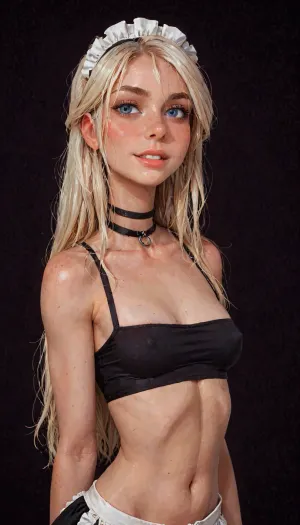 (reiq meets innv and Jack cayless art style), (Incase style:1.2), beautiful girl, blonde hair, very long hair, friendly slight smile showing her teeth, (face closeup), (((solo))), (black choker), (narrow waist), (sexy abs), (ruined makeup:.6), bangs over eye, symmetrical blue eyes, snub nose, plumb lips, parted lips, teeth visible, half-closed eyes, small breasts, (erect nipples), 1girl, ((face focus)), beads of sweat, sweat body, beautiful curves of the body, realistic detailed, deep insertion, intim light, (maid outfit), (black crop top:1.4), (simple dark background:1.8), skin texture, futuristic-fantasy-anime, incase, style, (ciri), (cirilla), <lora:sd_xl_turbo_lora_v1-64dim:2>, <lora:futureistic_fantasy_anime_sdxl_v1:2>, <lora:Incase_Style__SDXL:2>, <lora:SDXL_BetterFaces-LoRA_v1:.8>, <lora:Witcher3TurnXL_v1:.8>