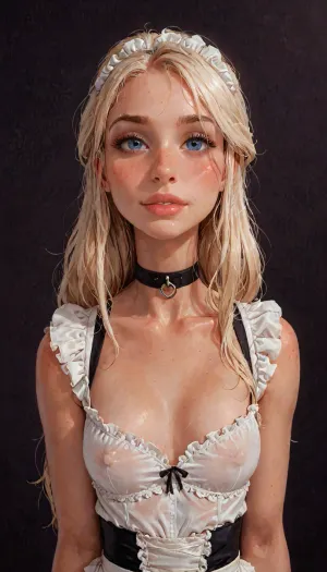 (reiq meets innv and Jack cayless art style), (Incase style:1.2), beautiful girl, blonde hair, very long hair, friendly slight smile showing her teeth, (face closeup), (((solo))), (black choker), (narrow waist), (sexy abs), (ruined makeup:.6), bangs over eye, symmetrical blue eyes, snub nose, plumb lips, parted lips, teeth visible, half-closed eyes, small breasts, (erect nipples), 1girl, ((face focus)), beads of sweat, sweat body, beautiful curves of the body, realistic detailed, deep insertion, intim light, (maid outfit), (simple dark background:1.8), skin texture, futuristic-fantasy-anime, incase, style, (ciri), (cirilla), <lora:sd_xl_turbo_lora_v1-64dim:2>, <lora:futureistic_fantasy_anime_sdxl_v1:2>, <lora:Incase_Style__SDXL:2>, <lora:SDXL_BetterFaces-LoRA_v1:.8>, <lora:Witcher3TurnXL_v1:.8>