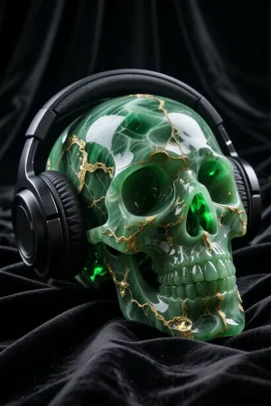 Product photo, A professional photograph captured with a full-frame DSLR camera using an 85mm prime lens, bottom-up view, close-up shot. spectacular, opulent luxury human skull, masterfully hand-carved from a single block of rare imperial green jade. The skull rests elegantly on a background of luxurious, heavily draped, deep midnight-black royal velvet fabric with rich realistic textile folds. The jade displays an extraordinarily enhanced micro-texture, showcasing microscopic fibrous nephrite structures, intricate glowing golden pyrite veins, and natural organic mineral inclusions with a semi-translucent oily luster. Wearing professional modern DJ headphones made of premium matte-black brushed metal and soft leather. High-contrast cinematic studio lighting dramatically penetrates the translucent jade edges, casting an intense, magical internal green glow and creating deep, soft volumetric shadows on the plush velvet wrinkles. Sharp focus, maximum detail, best image quality, realistic photography style. 0