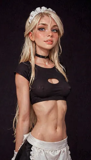 (reiq meets innv and Jack cayless art style), (Incase style:1.2), beautiful girl, blonde hair, very long hair, friendly slight smile showing her teeth, (face closeup), (((solo))), (black choker), (narrow waist), (sexy abs), (ruined makeup:.6), bangs over eye, symmetrical blue eyes, snub nose, plumb lips, parted lips, teeth visible, half-closed eyes, small breasts, (erect nipples), 1girl, ((face focus)), beads of sweat, sweat body, beautiful curves of the body, realistic detailed, deep insertion, intim light, (maid outfit), (black crop top:1.4), (simple dark background:1.8), skin texture, futuristic-fantasy-anime, incase, style, (ciri), (cirilla), <lora:sd_xl_turbo_lora_v1-64dim:2>, <lora:futureistic_fantasy_anime_sdxl_v1:2>, <lora:Incase_Style__SDXL:2>, <lora:SDXL_BetterFaces-LoRA_v1:.8>, <lora:Witcher3TurnXL_v1:.8>