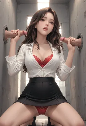 masterpiece, best quality, ultra-detailed, realistic clear photography, high resolution, 1 East Asian woman, beautiful model woman, 30 years old, prison, in cramped room, the room without windows, soft lighting, low contrast, BREAK, sexy East Asian, beautiful Asian face, slender face, narrow eyes, long wavy hair, brown hair, svelte body, large natural breasts, (a white formal blouse, a black tight pencil skirt), red lace underwear, glory hole, kneeling, spread legs, (blowjob, handjob:1.2), low angle, Animated, Nightmare, Style, futuristic-fantasy-anime, <lora:cartoon_stickers_xl_v1:.8>, <lora:AnimatedNightmaresStyle:.8>, <lora:EnvyStarlightPrettyEyes01:.8>, <lora:futureistic_fantasy_anime_sdxl_v1:1.2>