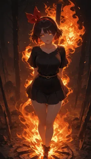 Studio Ghibli Style, (burning Kiki as a witch at the stake:1), full-body shot, front view from slightly above, detailed face, crystal clear face, perfect eyes, perfect lips, piercing red-glowing eyes, ((image of Kiki burning at the stake)), big red hairband, dark brown hair in bangs, wearing her loose black smock, (Kiki's big red hairband), arms behind back, legs together, (Kiki is tied to a stake standing in a huge bonfire), tied to a wooden pole, Kiki is on fire, Kiki is standing in the middle of a bonfire, only one Kiki, nothing but fire, the ground is on fire, Kiki's thighs are on fire, everywhere fire, that, looks, like..., letitbrn, <lora:Studio Ghibli Style:2>, <lora:Aether_Fire_v1_SDXL_LoRA:2>, <lora:- SDXL - letitbrn_let_it_burn_V1.0:1.8>, flame, spirit, glowing, bright, red-orange, on, fire, hair, <lora:EnvyElementalFireXL01:.8>