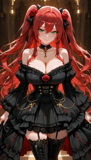 A stunning anime girl with long flowing crimson-red hair cascading behind her, a large red rose and black ribbon in her hair, bright green eyes, and a confident slight smile. She wears a white off-shoulder blouse, highly detailed face, intricate facial featureslarge detailed green eyes with catchlights and defined eyelashes, delicate nose and lips, subtle blush, refined facial structure, sharp focus on the face, beautiful detailed skin, with puffy ruffled sleeves and red ribbon bows, a black laced underbust corset decorated with red roses and dangling gold chains, a black high-low gothic skirt with a vivid red underside, black garter straps, sheer black thigh-high stockings, and black lace-up boots. A black choker is around her neck.walking head held high., <lora:victorian_dress-XL-2.0:2>, <lora:add-detail-xl:1.2>, <lora:attractive_notrigger:1.2>, <lora:detailed_notrigger:1.2>, <lora:LCMTurboMix_Euler_A_fix:1.2>