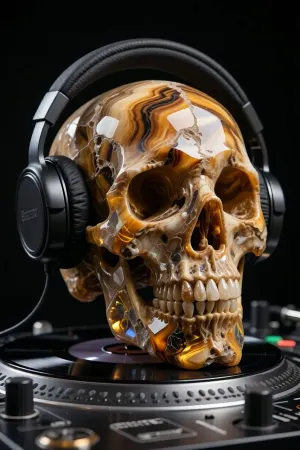 Product photo, professional photograph captured with a full-frame DSLR camera using an 85mm prime lens, bottom-up view, close-up shot. spectacular high-art luxury human skull, exquisitely hand-carved from a solid piece of natural highly-textured gemstone, showcasing layers of shimmering golden tiger's eye, amber agate, and raw veins of translucent quartz. The skull features a raw, realistic mineral texture with microscopic fissures, crystalline facets, and natural organic stone character, catching the light brilliantly. Wearing professional modern DJ headphones made of premium matte-black brushed metal and soft leather. The skull is positioned as the central subject over a professional DJ turntable setup. Isolated on an absolute, solid black background. Soft professional studio lighting with multiple light sources creates sharp focus and dramatic, even illumination with subtle volumetric shadows, emphasizing the rich amber and golden crystalline stone layers. Maximum detail, best image quality, realistic photography style.
